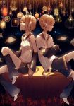  1boy 1girl back-to-back blonde_hair blue_eyes brother_and_sister closed_eyes constellation crossed_arms detached_sleeves hair_ornament hair_ribbon hairclip headphones highres kagamine_len kagamine_rin lamp light lococo:p ribbon siblings sitting star vocaloid 