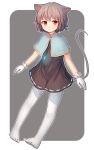  1girl adapted_costume alternate_costume animal_ears capelet dress full_body gloves glowing grey_background grey_hair highres jewelry looking_at_viewer mouse_ears mouse_tail nazrin necklace open_mouth pantyhose red_eyes shone short_hair solo tail touhou white_gloves white_legwear 