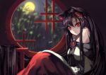  1girl absurdly_long_hair animal_ears bamboo bamboo_forest bare_shoulders berabou brown_hair dress forest full_moon imaizumi_kagerou indoors light_particles long_hair looking_at_viewer moon nature off_shoulder open_mouth red_eyes sitting solo touhou very_long_hair wolf_ears 
