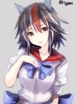  1girl black_hair blush bow colored grey_background horns kijin_seija looking_at_viewer multicolored_hair puffy_sleeves red_eyes redhead ribbon sash short_hair short_sleeves simple_background sketch smile solo tongue tongue_out touhou twitter_username upper_body white_hair wowoguni 