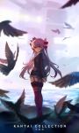  1girl amatsukaze_(kantai_collection) arms_behind_back backlighting bird blush brown_eyes clouds cloudy_sky copyright_name felix_(felix901123) full_body garter_straps hair_tubes highres kantai_collection light_smile long_hair long_sleeves looking_at_viewer looking_back ocean outdoors rensouhou-kun sailor_dress silver_hair sky solo standing thigh-highs two_side_up 
