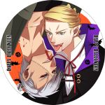  2boys black_sclera blonde_hair blood blood_in_mouth bolt fangs grey_hair halloween hokuto_shun jojo_no_kimyou_na_bouken multiple_boys prosciutto red_eyes risotto_nero stitches upside-down vampire 