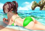  1girl artist_request beach bikini brown_hair highres lying on_stomach original ponytail red_eyes solo swimsuit 