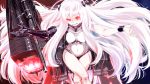  1girl :p airfield_hime ataru_(cha2batake) bracer bright_pupils covered_navel crossed_legs fire horns kantai_collection leotard long_hair machinery mechanical_arm red_eyes shinkaisei-kan sitting smile solo tongue tongue_out uneven_eyes very_long_hair white_hair white_skin 