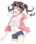  1girl :d black_hair blush jacket long_hair looking_at_viewer love_live!_school_idol_project marin_(myuy_3) navel open_mouth red_eyes short_shorts shorts simple_background smile solo sunglasses sunglasses_on_head tank_top twintails white_background yazawa_nico 