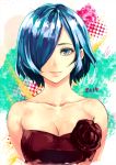  1girl 2015 arios_(orochi_yuta) bare_shoulders blue_eyes blue_hair breasts cleavage collarbone dress flower hair_over_one_eye highres kirishima_touka light_smile looking_at_viewer red_dress red_rose rose short_hair solo strapless_dress tokyo_ghoul 