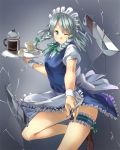  1girl apron between_fingers blue_dress blue_eyes bow braid brown_shoes coffee_cup coffee_pot cup dress dress_lift fingernails foreshortening fourth_wall frilled_apron frilled_dress frills gradient gradient_background grey_background hair_bow highres holding_knife izayoi_sakuya kanzen_bouon knife leg_garter legs maid maid_apron maid_headdress one_eye_closed puffy_short_sleeves puffy_sleeves ribbon shoes short_dress short_sleeves silver_hair smile solo thigh_ribbon thighs touhou tray twin_braids wrist_cuffs 