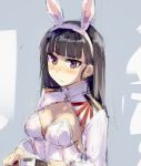  1girl anabuki_tomoko animal_ears bangs black_hair blunt_bangs blush breasts cleavage cup fake_animal_ears flying_sweatdrops hashigo holding holding_plate long_hair looking_at_viewer military military_uniform nose_blush plate rabbit_ears solo straight_hair strike_witches uniform upper_body violet_eyes 