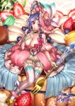  1girl 2015 artist_name blue_hair breasts cleavage collarbone food fork fruit garter_straps hat highres in_food looking_at_viewer macaron minigirl open_mouth original pink_eyes ryuki@maguro-ex sitting solo strawberry striped striped_legwear thigh-highs vertical-striped_legwear vertical_stripes 