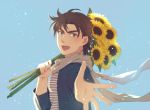  1boy blue_eyes blurry bouquet brown_hair depth_of_field flower jojo_no_kimyou_na_bouken joseph_joestar_(young) k_(obm0607) looking_at_viewer outstretched_hand scarf solo sunflower 