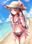  1girl beach bikini black_eyes black_hair glasses gokou_ruri hat herunin highres jacket long_hair ore_no_imouto_ga_konna_ni_kawaii_wake_ga_nai sun_hat swimsuit 