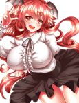  1girl blush breast_lift breasts commentary_request demon_girl demon_wings head_wings highres juliet_sleeves koakuma large_breasts long_hair long_sleeves looking_at_viewer open_mouth puffy_sleeves red_eyes redhead shirt skirt solo touhou very_long_hair wings zan_(harukahime) 