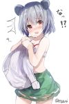  1girl animal_ears blush bra colored embarrassed green_hair highres mouse_ears nazrin no_tail open_mouth red_eyes shirt_removed short_hair simple_background sketch skirt solo tears text touhou twitter_username underwear white_background wowoguni 