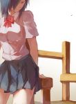  1girl arms_behind_back blue_eyes blue_hair blue_skirt bow collared_shirt fuurin hair_over_one_eye kirishima_touka long_hair pleated_skirt red_bow shirt short_sleeves simple_background skirt solo tokyo_ghoul white_background white_shirt 