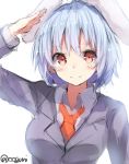  1girl animal_ears arm_up blue_hair blush colored jacket long_sleeves looking_at_viewer necktie rabbit_ears red_eyes reisen salute short_hair simple_background sketch smile solo touhou twitter_username upper_body vest white_background wowoguni 