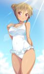 1girl brown_hair casual_one-piece_swimsuit hair_bun ichi_makoto long_hair one-piece_swimsuit original red_eyes standing swimsuit tan white_swimsuit 