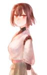  blush brown_eyes brown_hair character_request highres kantai_collection looking_at_viewer red_eyes short_hair simple_background smile tama_wo white_background 