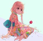  1girl barefoot blonde_hair blush brown_eyes candy_apple food_themed_clothes futaba_anzu hair_bobbles hair_ornament highres idolmaster idolmaster_cinderella_girls japanese_clothes kimono long_hair open_mouth sitting solo tamaext twintails very_long_hair 