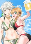  2girls adapted_costume alternate_costume arm_up asymmetrical_hair beer_mug bikini black_bikini blonde_hair braid breast_press breasts clouds cloudy_sky colored_eyelashes flat_gaze green_bikini green_eyes hair_between_eyes hair_ornament kantai_collection large_breasts long_hair looking_at_viewer midriff mrdotd multiple_girls one_eye_closed open_mouth prinz_eugen_(kantai_collection) short_twintails silver_hair single_braid sky smile swimsuit twintails unryuu_(kantai_collection) very_long_hair yellow_eyes 