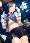  1girl black_hair blue_eyes eyebrows gloves hair_ribbon kantai_collection kuroshio_(kantai_collection) letter looking_at_viewer lying midriff navel on_back one_eye_closed open_clothes open_shirt open_vest ribbon salute shirt short_hair short_sleeves smile solo taketora_suzume thick_eyebrows thighs vest white_gloves 