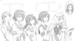  bangs birii blunt_bangs braiding_hair character_request eating fubuki_(kantai_collection) hair_brushing hairdressing hatsuyuki_(kantai_collection) isonami_(kantai_collection) kantai_collection long_hair miyuki_(kantai_collection) monochrome murakumo_(kantai_collection) newspaper shirayuki_(kantai_collection) sleep_mask sleeping toast translation_request 