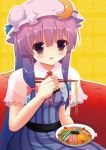  15_(tooka) 1girl bow crescent_hair_ornament double_bun food hair_bow hair_ornament long_hair mob_cap noodles patchouli_knowledge purple_hair solo touhou violet_eyes 