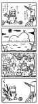  4koma 6+girls ahoge akagi_(kantai_collection) breasts character_request comic commentary_request cooking dress futaba_masumi highres holding horn horns island kaga_(kantai_collection) kantai_collection kongou_(kantai_collection) long_hair mittens monochrome multiple_girls mutsu_(kantai_collection) northern_ocean_hime ocean open_mouth pale_skin shinkaisei-kan short_hair simple_background sleeveless sleeveless_dress smile sun translation_request water white_background white_dress white_hair white_skin 