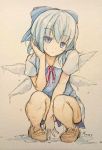  1girl between_legs blue_eyes blue_hair blush bow cirno hair_bow ice ice_wings looking_at_viewer maremay0513 melting shoes solo squatting touhou wings 