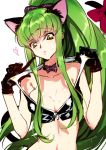  1girl animal_ears black_gloves bowtie breasts c.c. cat_ears cat_tail cleavage code_geass collarbone creayus gloves green_hair heart looking_at_viewer ponytail solo sweat tail yellow_eyes 