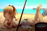  1girl adapted_costume ass backless bare_shoulders barefoot beach blonde_hair blurry breast_press breasts brown_swimsuit chin_rest commentary_request depth_of_field hair_ribbon halter_top halterneck kurodani_yamame looking_at_viewer lying ocean on_stomach parasol ponytail red_eyes ribbon shounen_(hogehoge) sideboob smile solo swimsuit touhou umbrella 