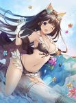  1girl ;o animal_ears bikini black_bikini black_hair blush breasts cleavage flower frilled_bikini frills front-tie_top gloves goggles goggles_on_head granblue_fantasy hayama_eishi inflatable_dolphin jessica_(granblue_fantasy) large_breasts long_hair looking_at_viewer navel one_eye_closed open_mouth solo swimsuit water white_gloves 