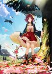  1girl :d atelier_(series) atelier_sophie brown_eyes brown_hair brown_shoes butterfly choker clouds coat corset flower official_art open_mouth red_skirt shoes short_hair skirt sky smile solo sophie_neuenmuller staff standing tree yuugen 