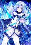  1girl belt black_gloves braid buttons cape checkered checkered_floor gloves iwashikami long_sleeves looking_at_viewer open_mouth original pants rod silver_hair single_braid snowflakes standing symbol-shaped_pupils 