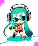  1girl aqua_eyes aqua_hair bike_shorts chibi headphones inkling long_hair long_sleeves monino paint paint_splatter red_shoes shoes simple_background sneakers solo splatoon super_soaker sweater tentacle_hair white_background 