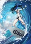  1girl barefoot bikini black_hair black_rock_shooter black_rock_shooter_(character) blue_eyes feet flat_chest glowing glowing_eye highres legs long_hair navel shorts smile soles solo surfboard surfing swimsuit toes twintails water waves 