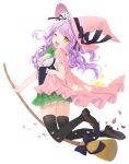 1girl ;d bow breasts broom broom_riding canape_(canape0130) cape cleavage fang hair_ribbon highres long_hair looking_back magical_girl one_eye_closed open_mouth original petals pleated_skirt purple_hair ribbon school_uniform skirt smile solo star thigh-highs yellow_eyes 