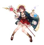  1girl :d atelier_(series) atelier_sophie brown_eyes brown_hair brown_shoes coat corset flask hat official_art open_mouth red_skirt shoes short_hair skirt smile solo sophie_neuenmuller staff white_background yuugen 