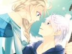  1boy 1girl blue_eyes crossover elsa_(frozen) frozen_(disney) hoodie jack_frost_(rise_of_the_guardians) long_hair looking_at_another power_connection rise_of_the_guardians ryoo_(nihosi) silver_hair staff 