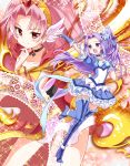  2girls :o akagi_towa alternate_eye_color blue_boots blue_bow blue_eyes boots bow bracelet choker cure_beat cure_scarlet earrings fire frilled_skirt frills go!_princess_precure hair_ornament heart_hair_ornament jewelry kurokawa_eren long_hair magical_girl multiple_girls pink_hair precure purple_hair red_eyes seiren_(suite_precure) side_ponytail skirt smile sparkle suite_precure teio thigh-highs thigh_boots trait_connection wrist_cuffs 