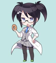  1girl black_hair black_legwear blue_eyes blush doughnut food glasses hair_ornament necktie open_mouth pantyhose pleated_skirt pop&#039;n_music root@chou_dou-ken shouni_(sato3) skirt solo twintails 