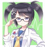  1girl adjusting_glasses black_hair blue_eyes blush glasses hair_ornament necktie pop&#039;n_music root@chou_dou-ken shouni_(sato3) smile solo twintails 