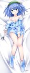  1girl absurdres blue_eyes blue_hair blush boots breasts cleavage collarbone dakimakura hair_bobbles hair_ornament hat highres kawashiro_nitori looking_at_viewer lying maremay0513 off_shoulder solo sweatdrop touhou wrench 