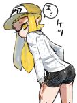  1girl ass baseball_cap bike_shorts blonde_hair domino_mask hat inkling leaning_forward long_hair long_sleeves looking_back mask mera_(keel) pointy_ears polka_dot polka_dot_shirt shirt single_vertical_stripe solo splatoon tentacle_hair vertical_stripes yellow_eyes 