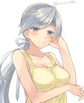 1girl apron bare_shoulders blush breast_rest breasts chitose_(kantai_collection) grey_eyes grey_hair hair_ribbon hand_on_own_head headband highres kantai_collection large_breasts long_hair looking_at_viewer maruki_(punchiki) naked_apron ponytail ribbon sitting smile solo twitter_username upper_body white_background 