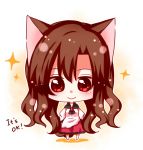  1girl :&gt; animal_ears blush brooch brown_hair chibi dress english imaizumi_kagerou jewelry kuroshiroduet long_hair long_sleeves looking_at_viewer red_eyes smile solo sparkle tail text touhou wolf_ears wolf_tail 