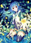  1girl blue_hair blush boots earrings floral_print flower hair_flower hair_ornament iwashikami jewelry kneeling long_hair long_sleeves looking_at_viewer open_hand open_mouth original petals plant shiny shorts thigh-highs thigh_boots very_long_hair yellow_eyes zettai_ryouiki 