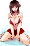  1girl :d barefoot bikini black_eyes black_hair breasts cleavage cosaten frilled_bikini frills highres large_breasts navel open_clothes open_mouth pleated_skirt red_bikini red_skirt school_rumble sitting skirt smile suou_mikoto swimsuit wariza 