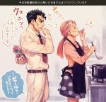  1boy 1girl apron black_hair brown_hair cooking couple hetero jojo_no_kimyou_na_bouken kawajiri_kousaku kawajiri_shinobu kira_yoshikage ponytail pot uko_(moi08) 