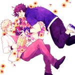  2boys blonde_hair bouquet caesar_anthonio_zeppeli casual flower jojo_no_kimyou_na_bouken joseph_joestar_(young) multiple_boys nomoc purple_hair sunflower 
