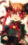  1girl animal_ears bell blurry blush bow braid cat_ears cat_tail colored extra_ears fang hair_bow hair_ornament heart highres kaenbyou_rin long_hair long_sleeves maho_moco multiple_tails open_mouth paw_pose pointy_ears puffy_sleeves red_eyes redhead ribbon sketch smile solo tail touhou twin_braids upper_body 